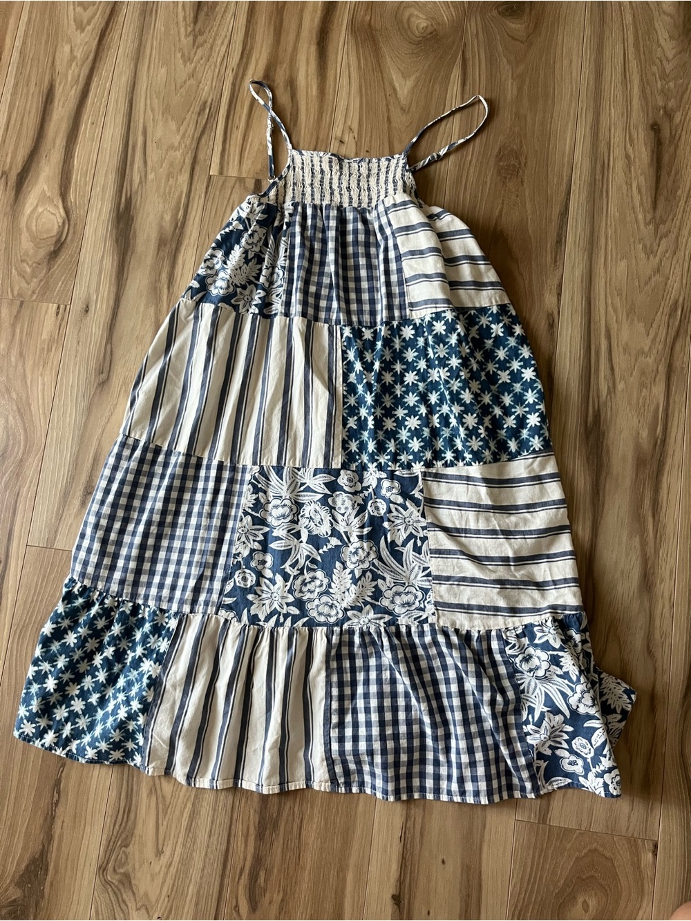 Free People Navy & Cream Patchwork Tiered Sundress